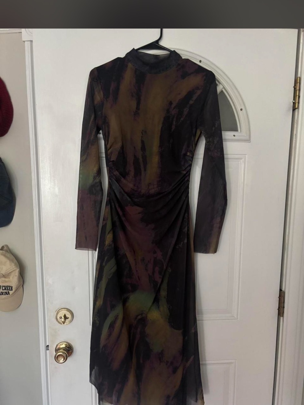 Zara Olive Green & Black Long Sleeve Abstract Midi Dress